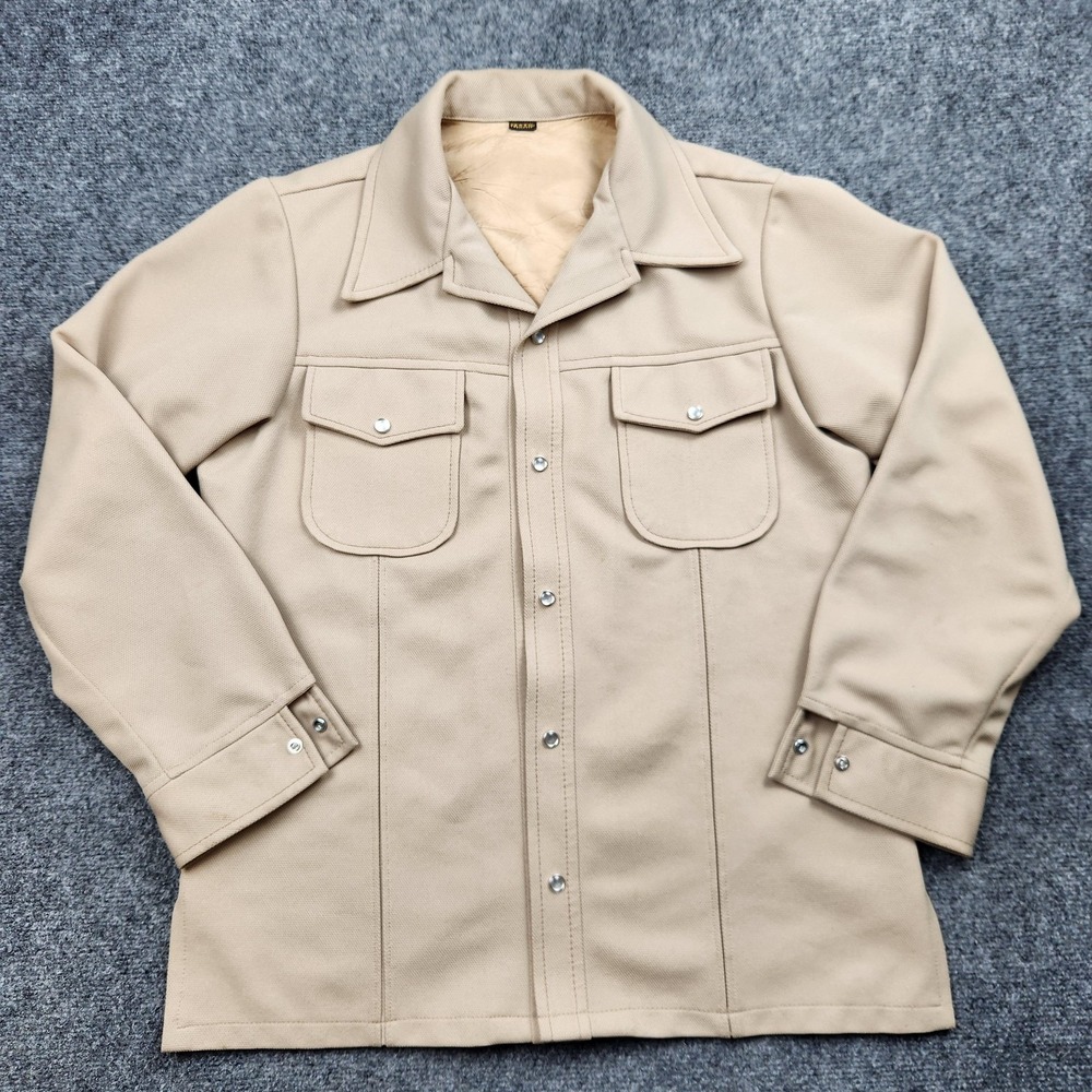 Vintage Farah Jacket Mens Medium Beige Pearl Snap‎ Front Lined Shacket Workwear